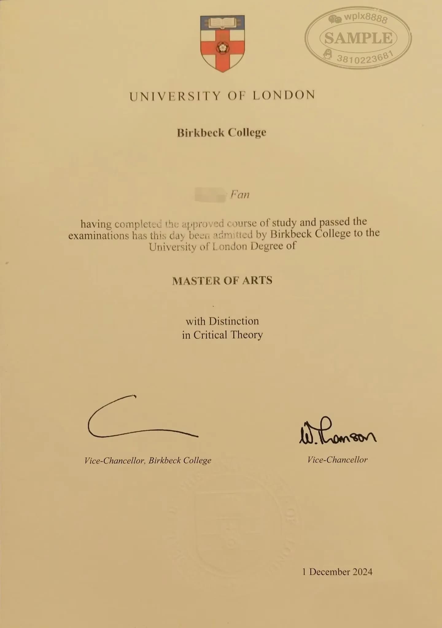 英国伦敦大学伯贝克学院文学硕士学位证书案例