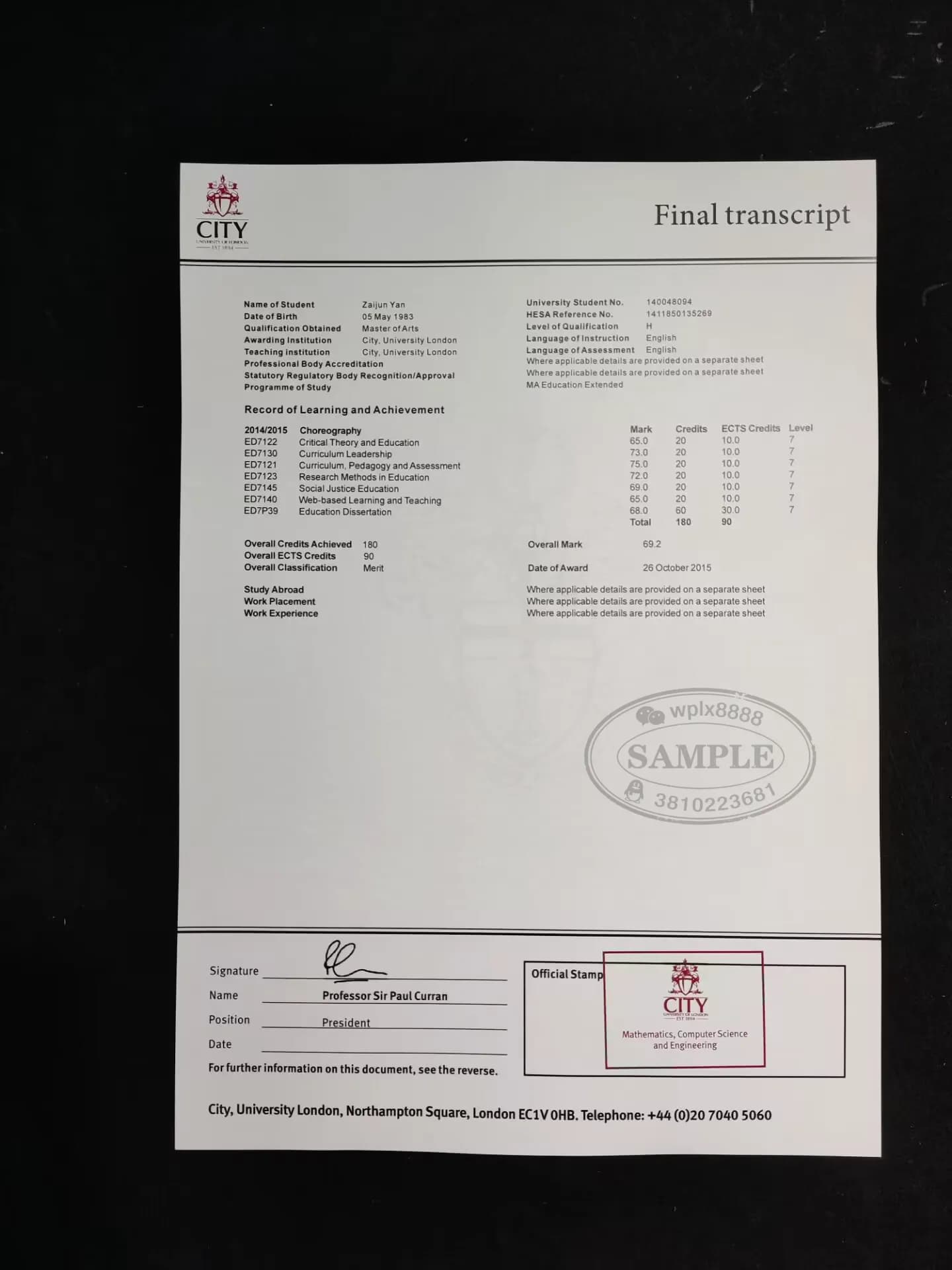 英国伦敦城市大学硕士成绩单样板与学历认证指南
