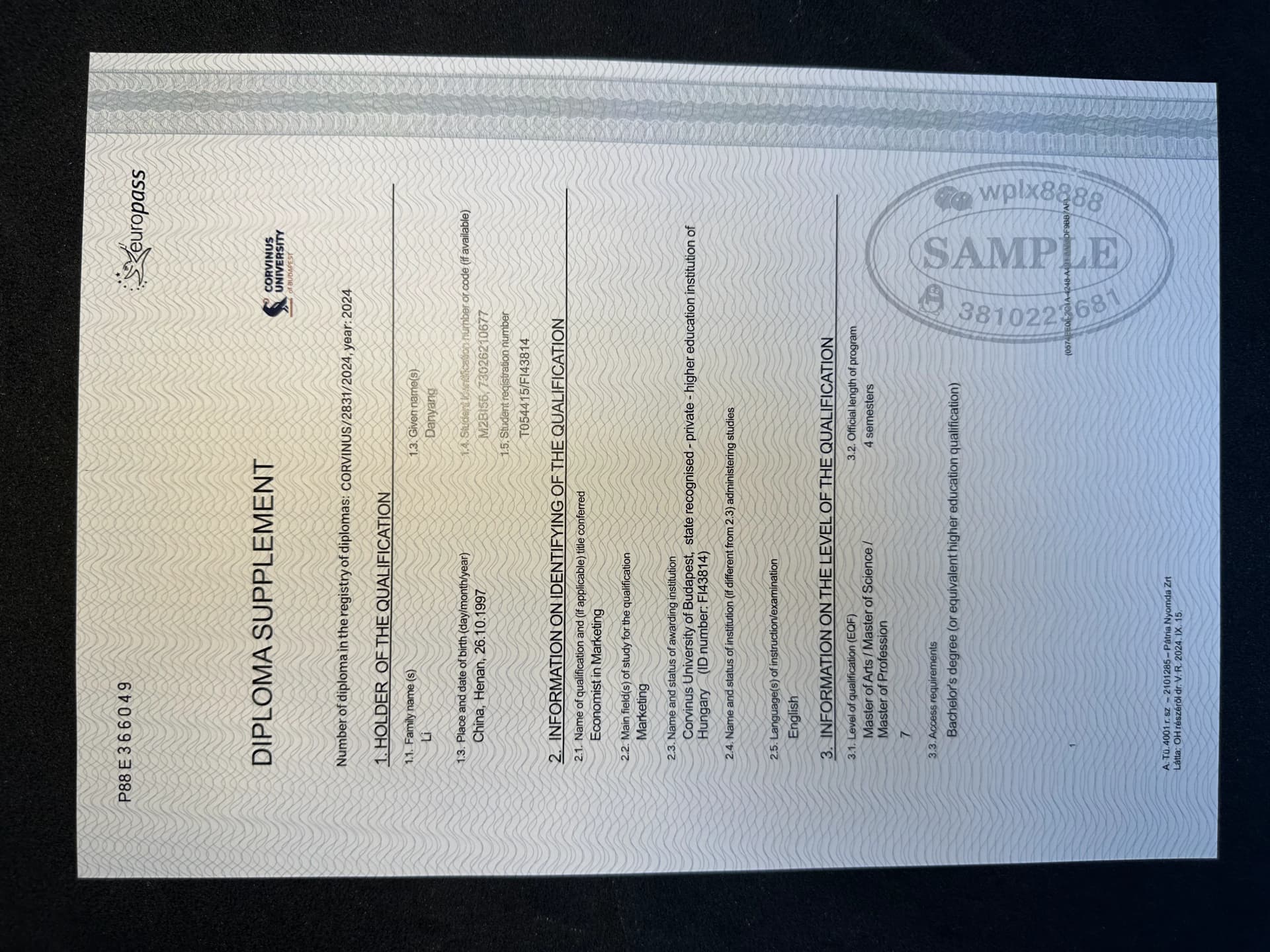 匈牙利布达佩斯考文纽斯大学硕士学位补充文件案例