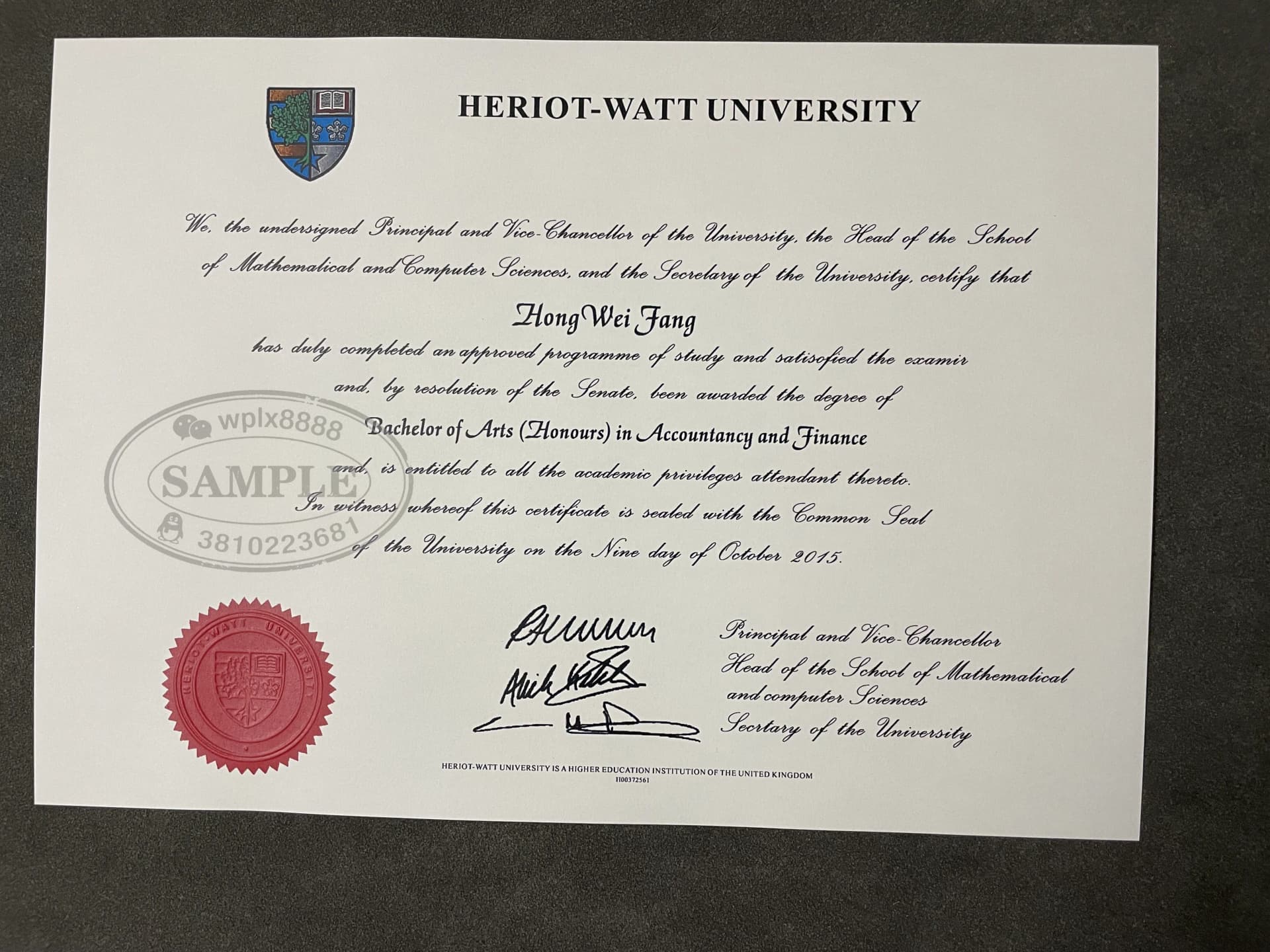英国赫瑞-瓦特大学会计与金融专业学位证书毕业证样本