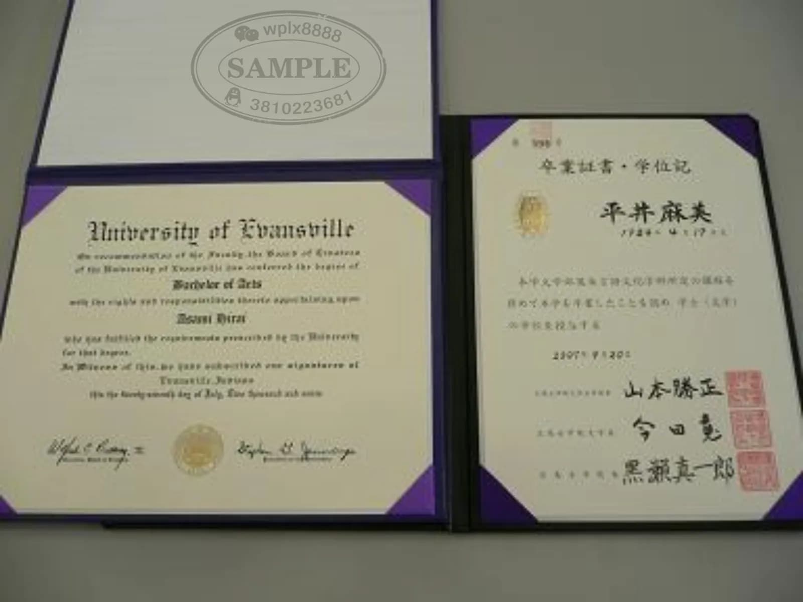 日本广岛女学院大学与美国埃文斯维尔大学双学位证书样本
