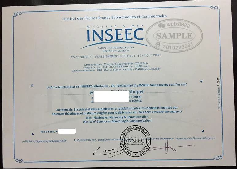 法国INSEEC英赛克商学院硕士毕业证学位证样本参考