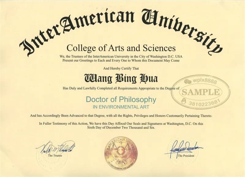 美国美联大学环境艺术专业博士学位证书样本