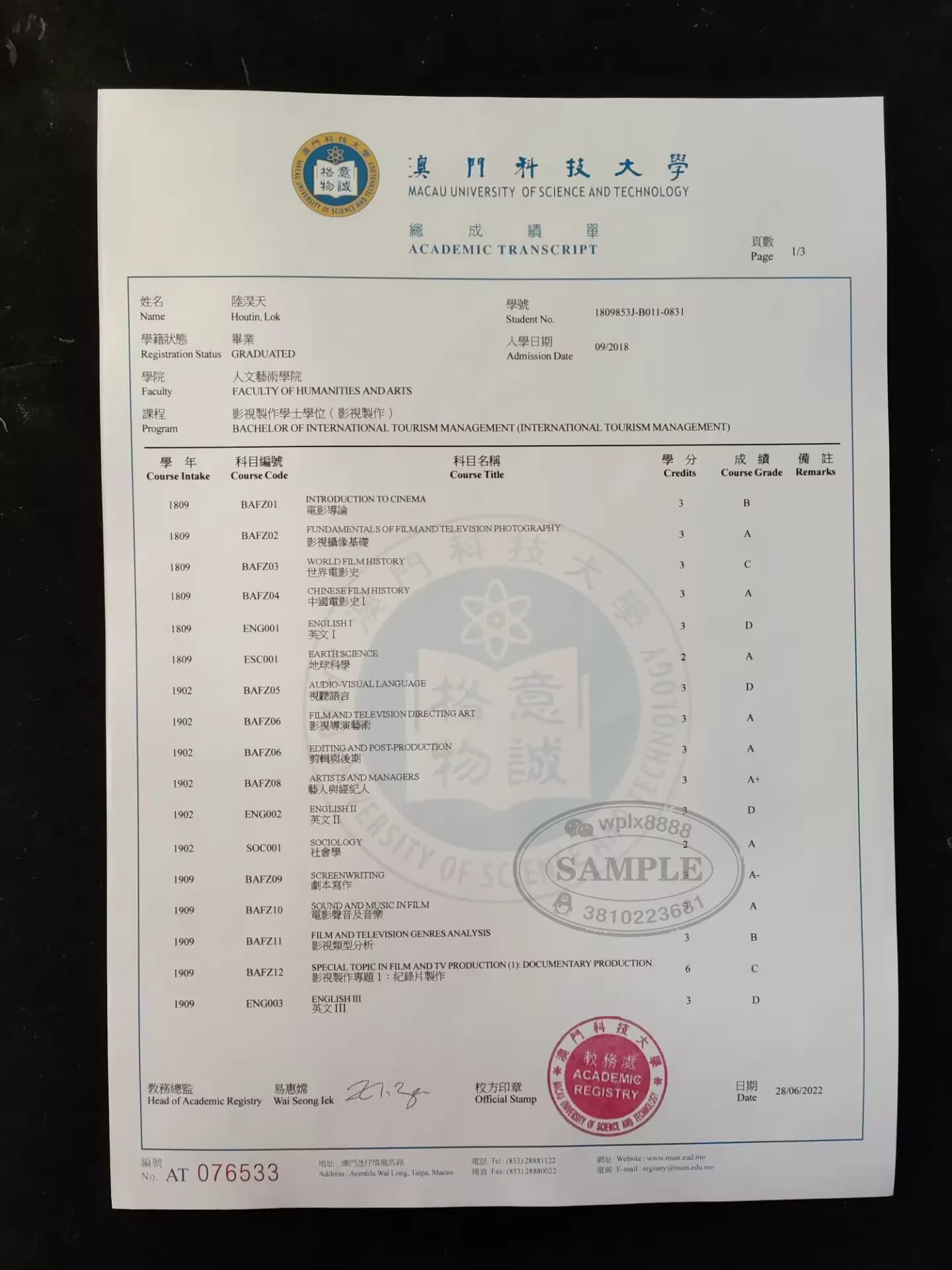 澳门科技大学国际旅游管理专业成绩单样本