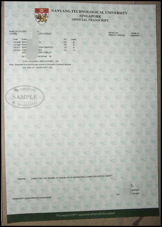 新加坡南洋理工大学计算机专业成绩单样本及学历认证参考