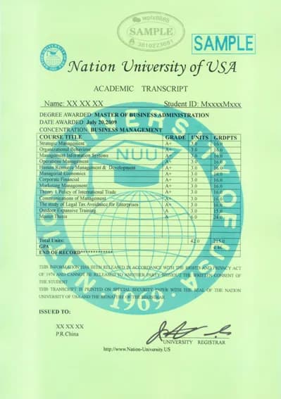 美国Nation University工商管理硕士MBA毕业成绩单样本
