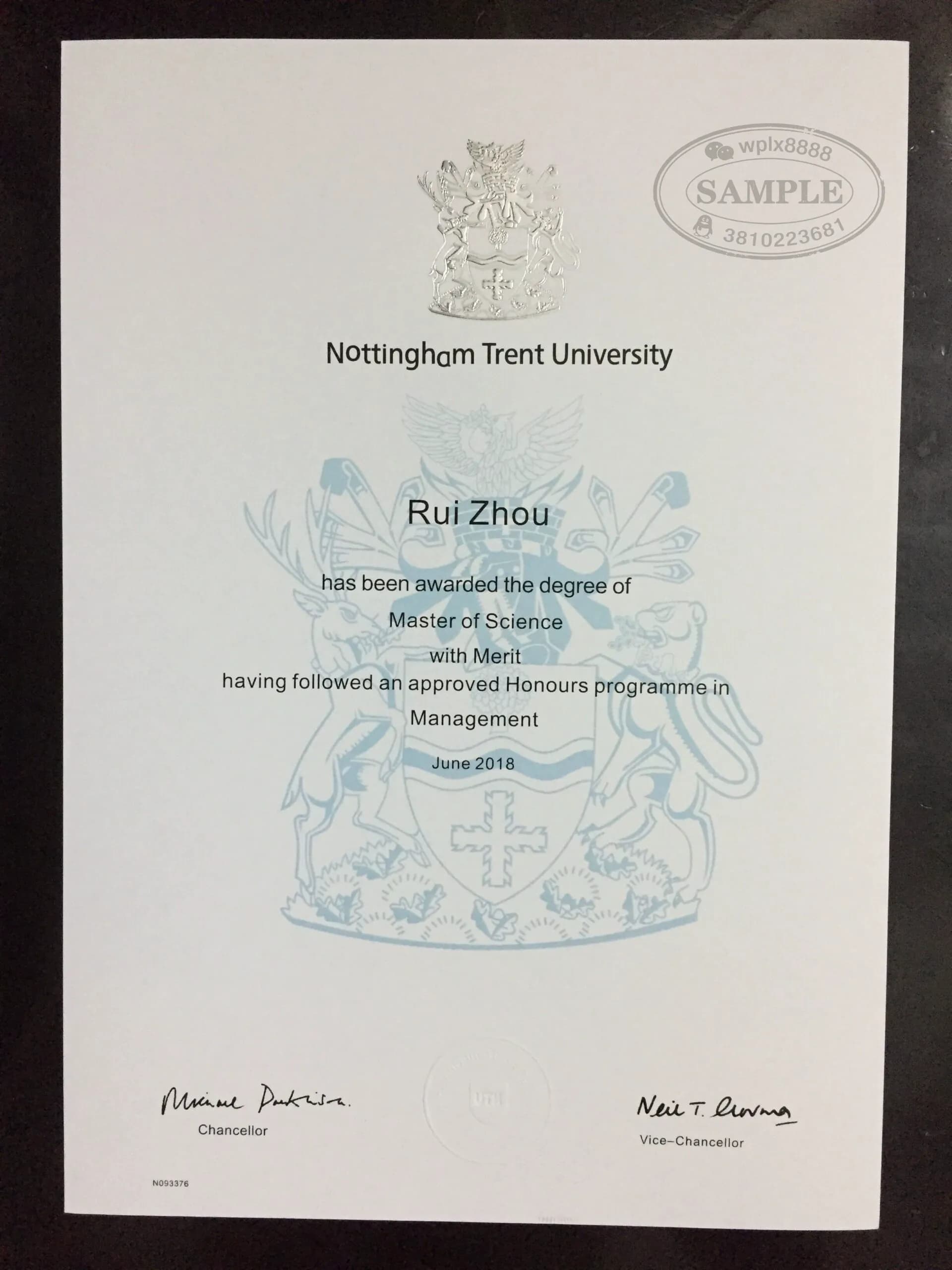 英国诺丁汉特伦特大学管理学硕士学位证毕业证样本