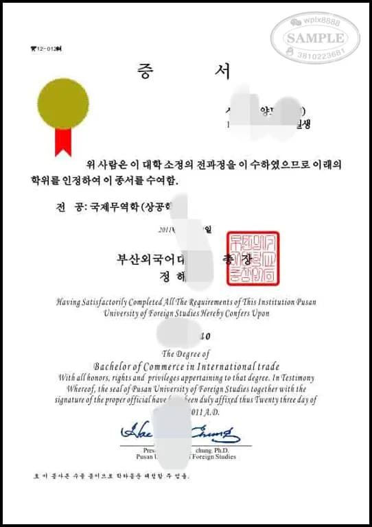 韩国釜山外国语大学学位证书国际贸易专业毕业样本