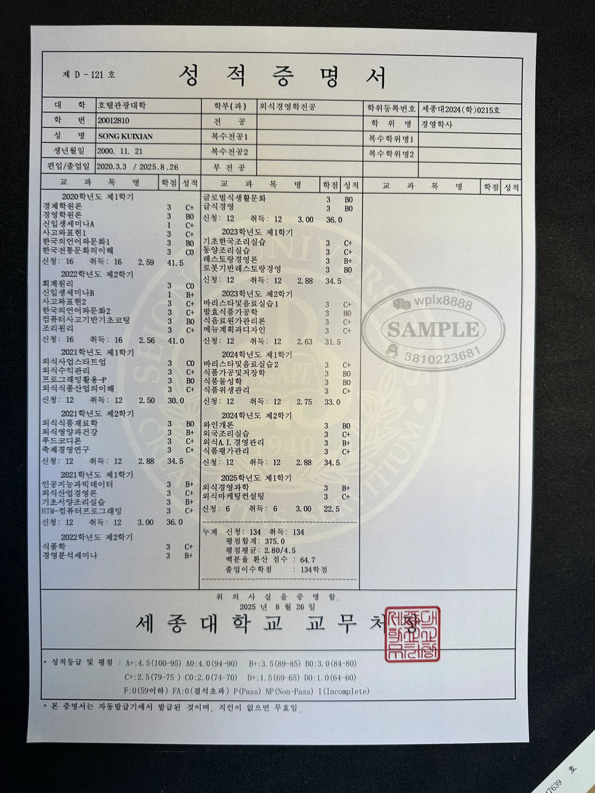 韩国世宗大学成绩单外食经营专业案例