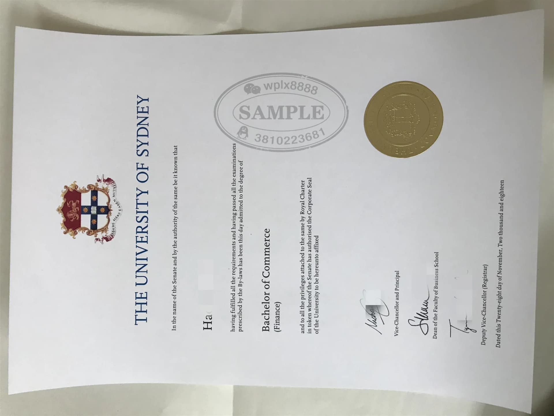 澳洲悉尼大学金融学士学位证书原件实拍样本