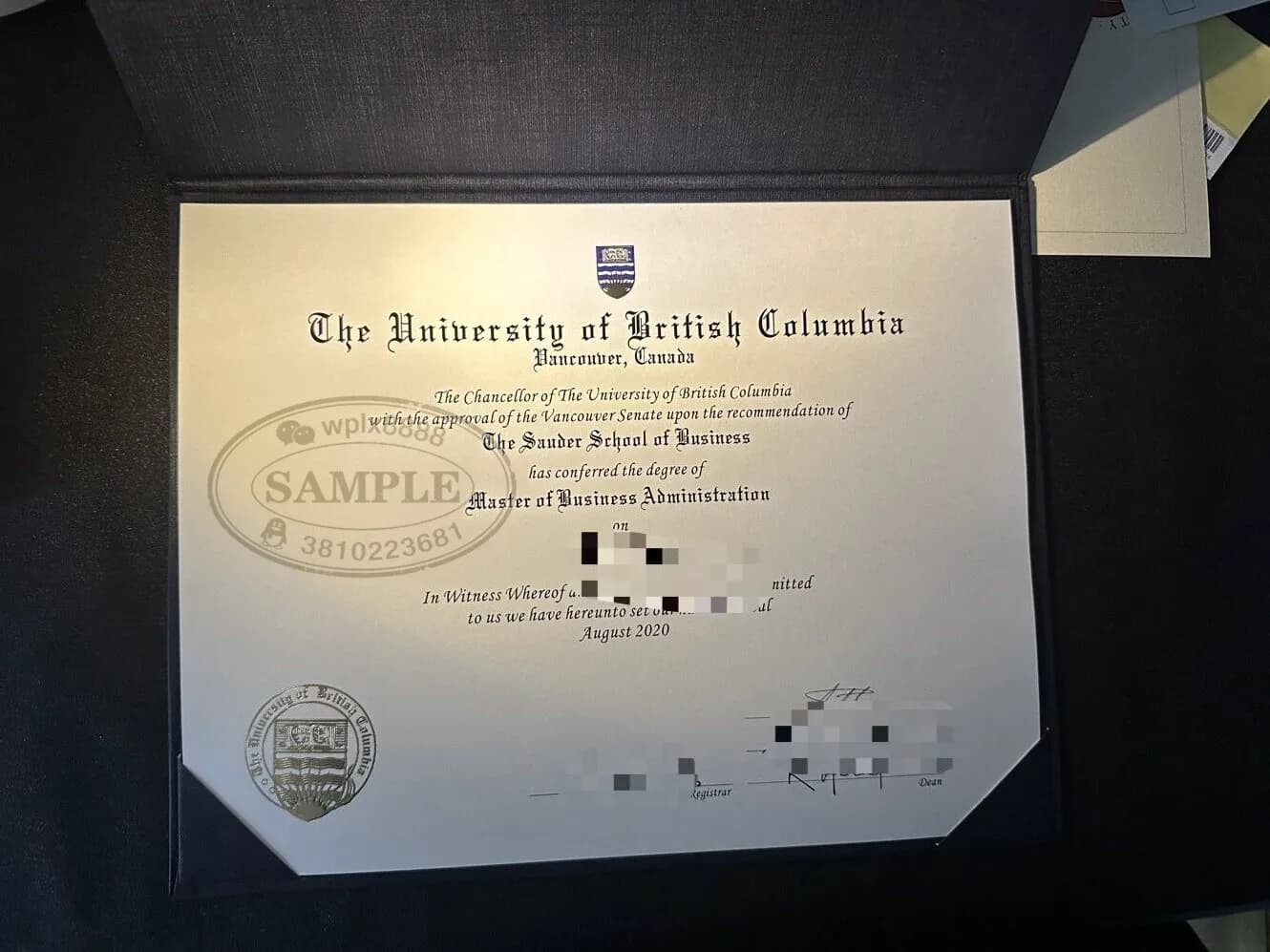 加拿大不列颠哥伦比亚大学UBC商学院MBA硕士学位证书样本