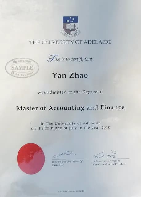 澳大利亚阿德莱德大学会计与金融硕士学位证书案例