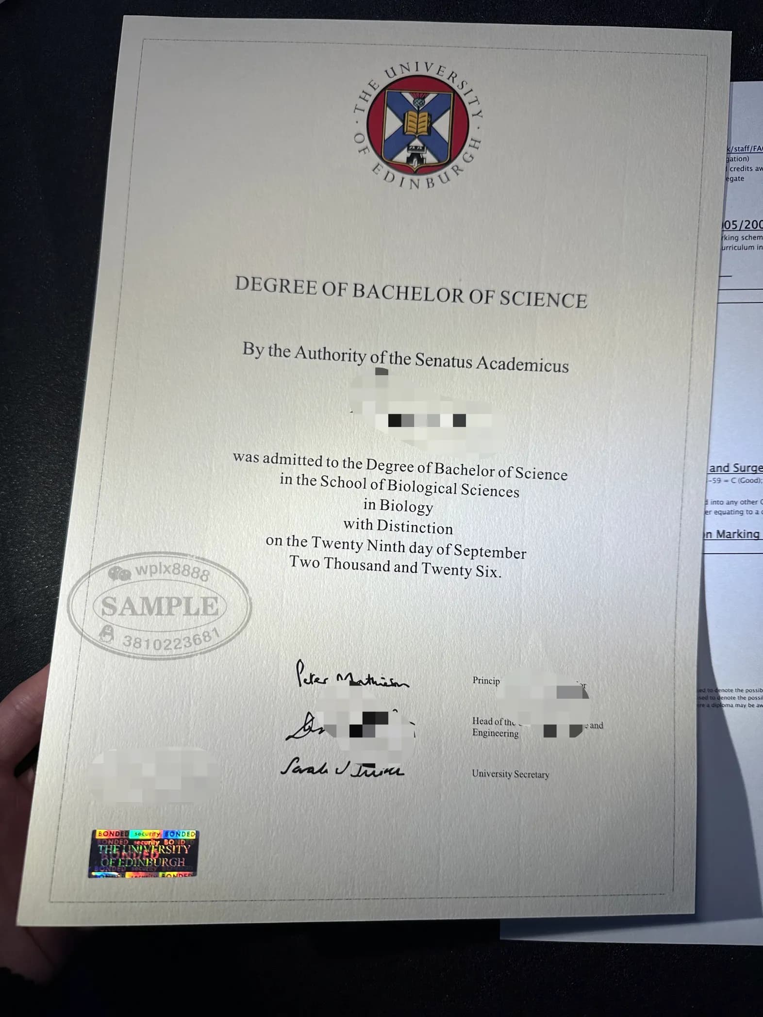 英国爱丁堡大学生物学理学学士学位证书案例
