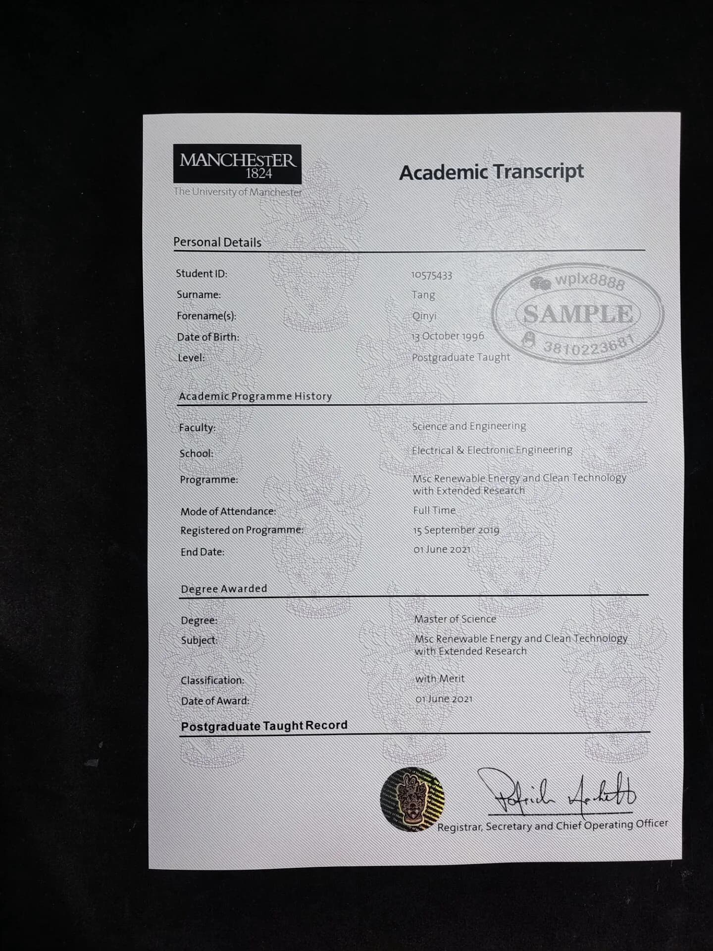 英国曼彻斯特大学硕士成绩单样本与学历认证参考