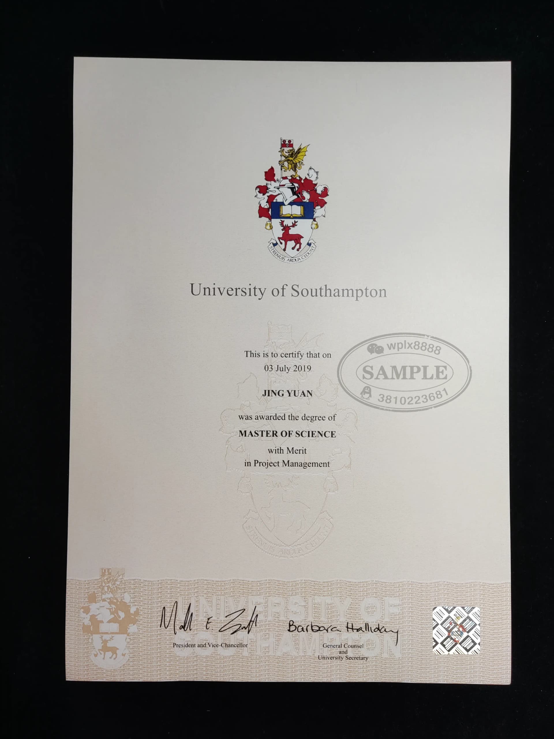 英国南安普顿大学项目管理硕士学位证书样本参考