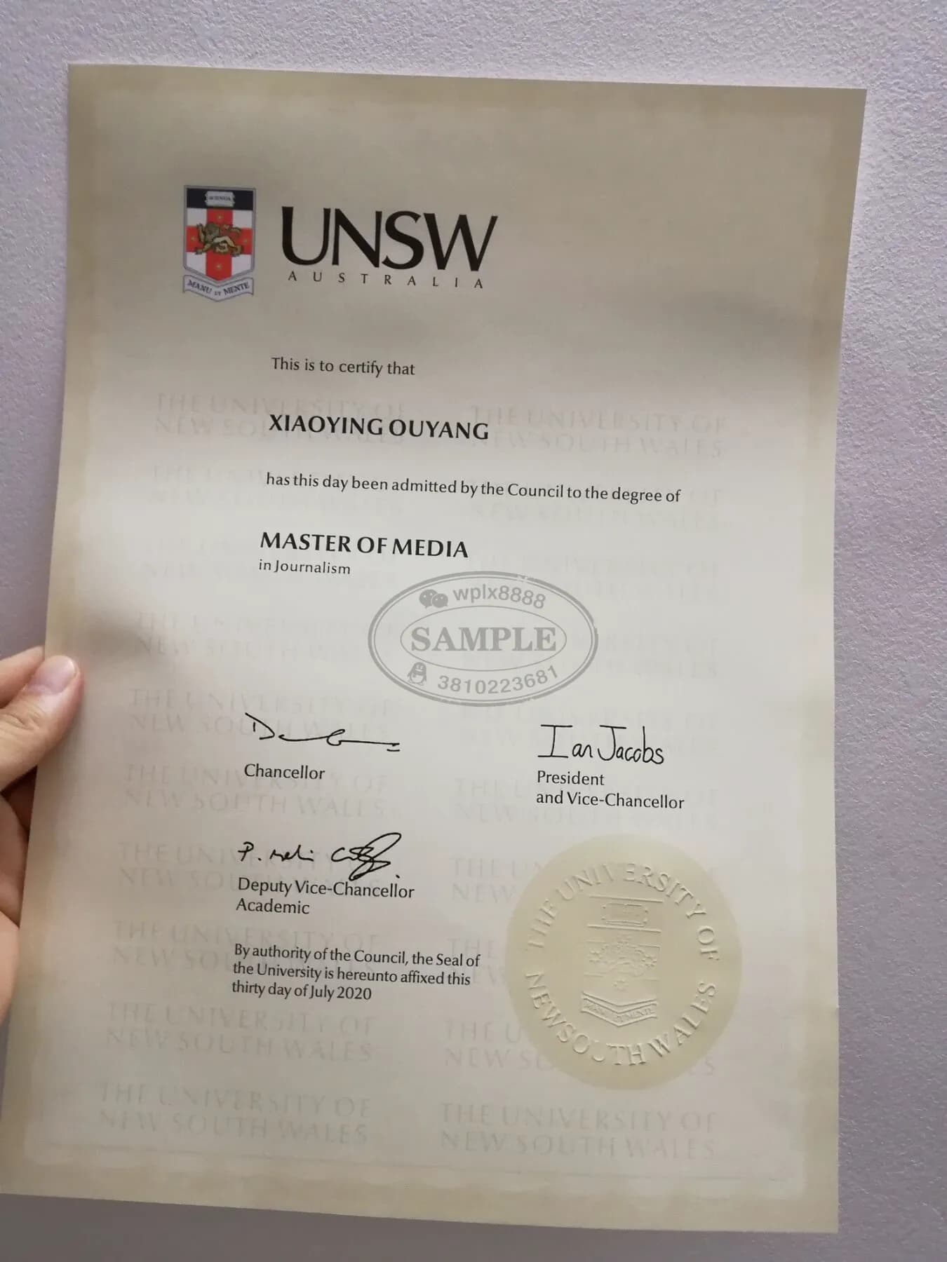 澳洲新南威尔士大学UNSW传媒硕士毕业证书案例
