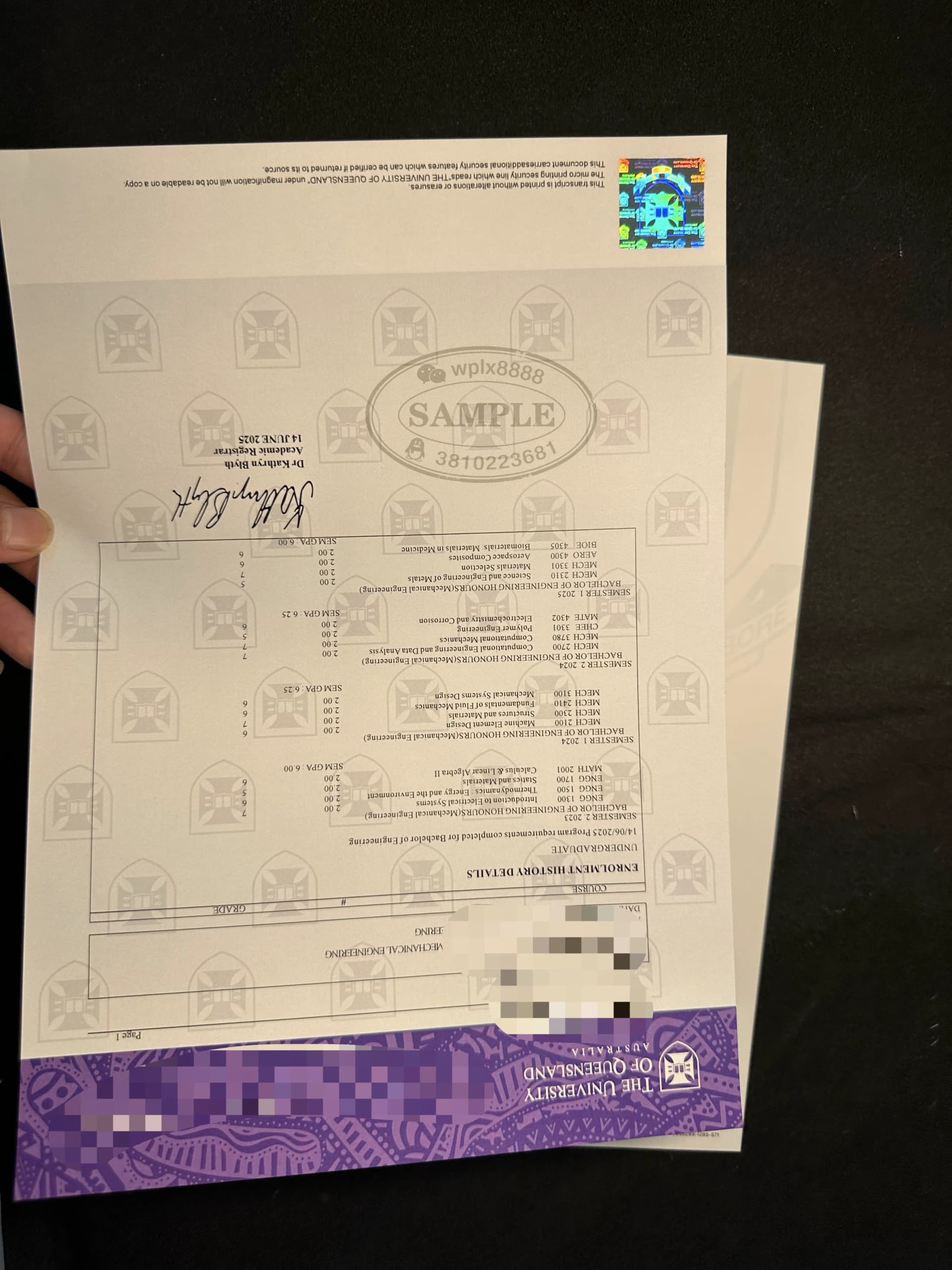 澳洲昆士兰大学新版成绩单样本机械工程专业