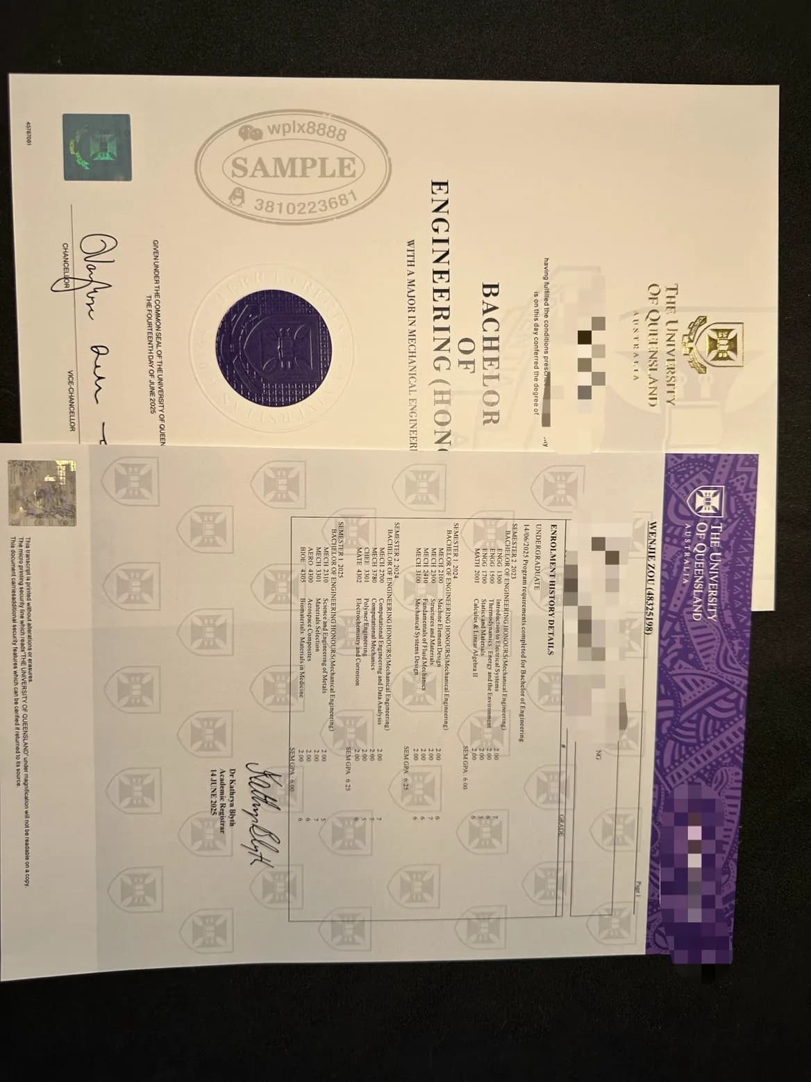 澳洲昆士兰大学工程荣誉学士学位证书与成绩单样本