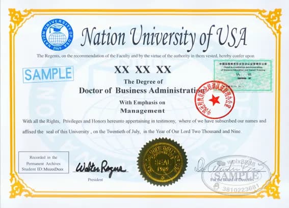 美国Nation University工商管理博士DBA学位证样本与远程教育认证说明