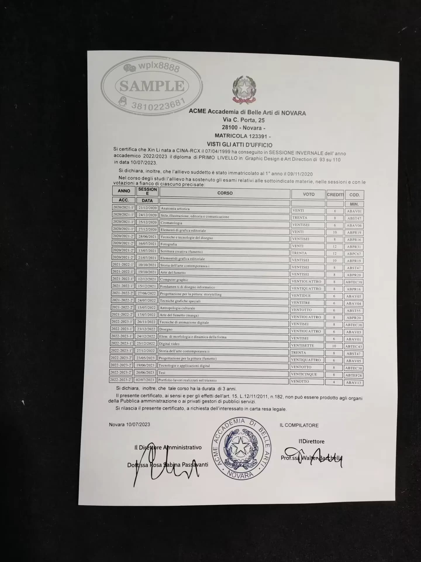 意大利ACME美术学院诺瓦拉分校成绩单认证参考案例 意大利ACME美术学院诺瓦拉分校成绩单认证参考案例