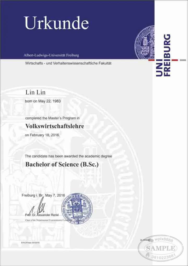 德国弗莱堡大学经济学理学学士学位证书案例 德国弗莱堡大学经济学理学学士学位证书案例