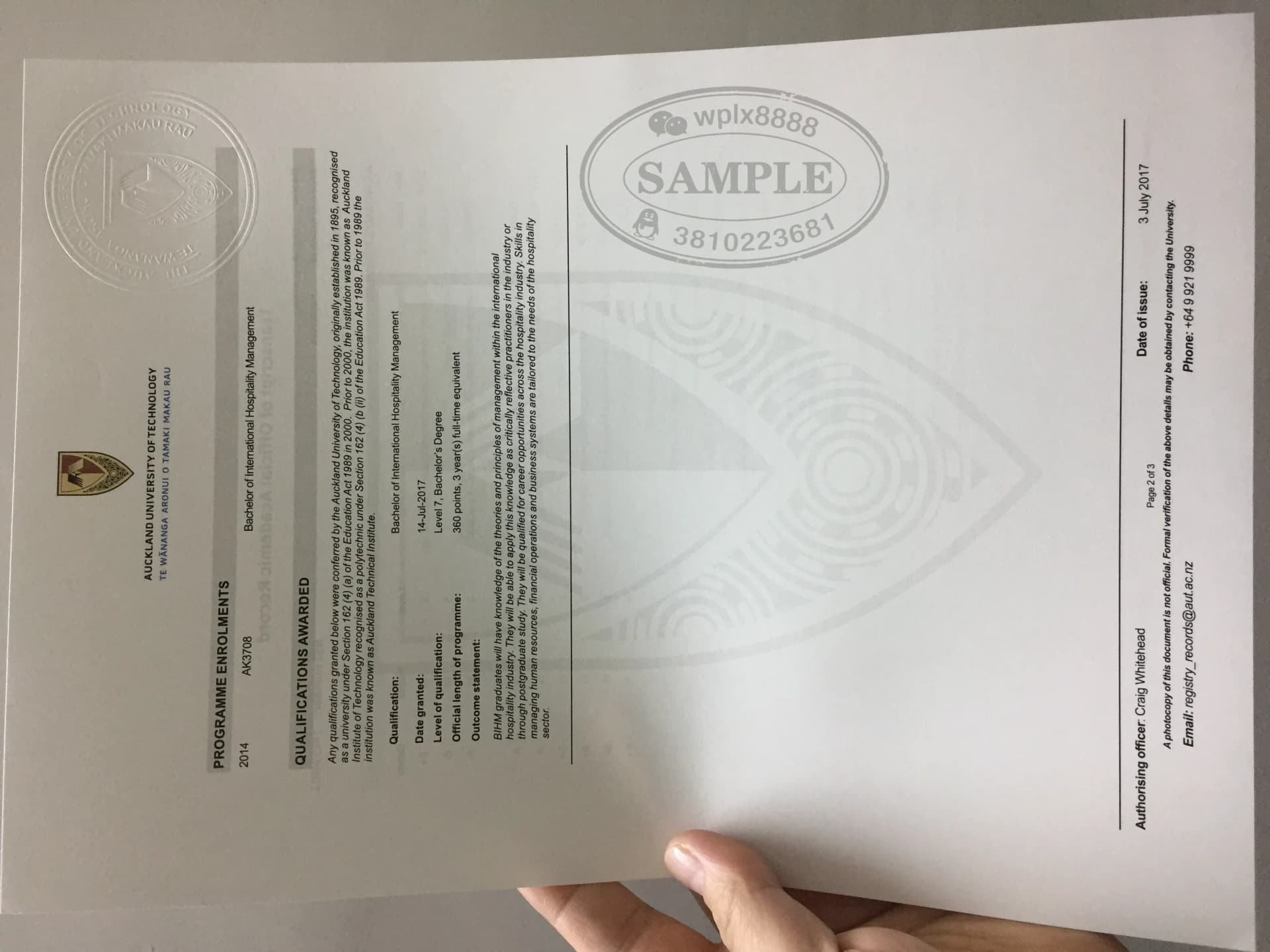 新西兰奥克兰理工大学国际酒店管理学士成绩单样本 新西兰奥克兰理工大学国际酒店管理学士成绩单样本