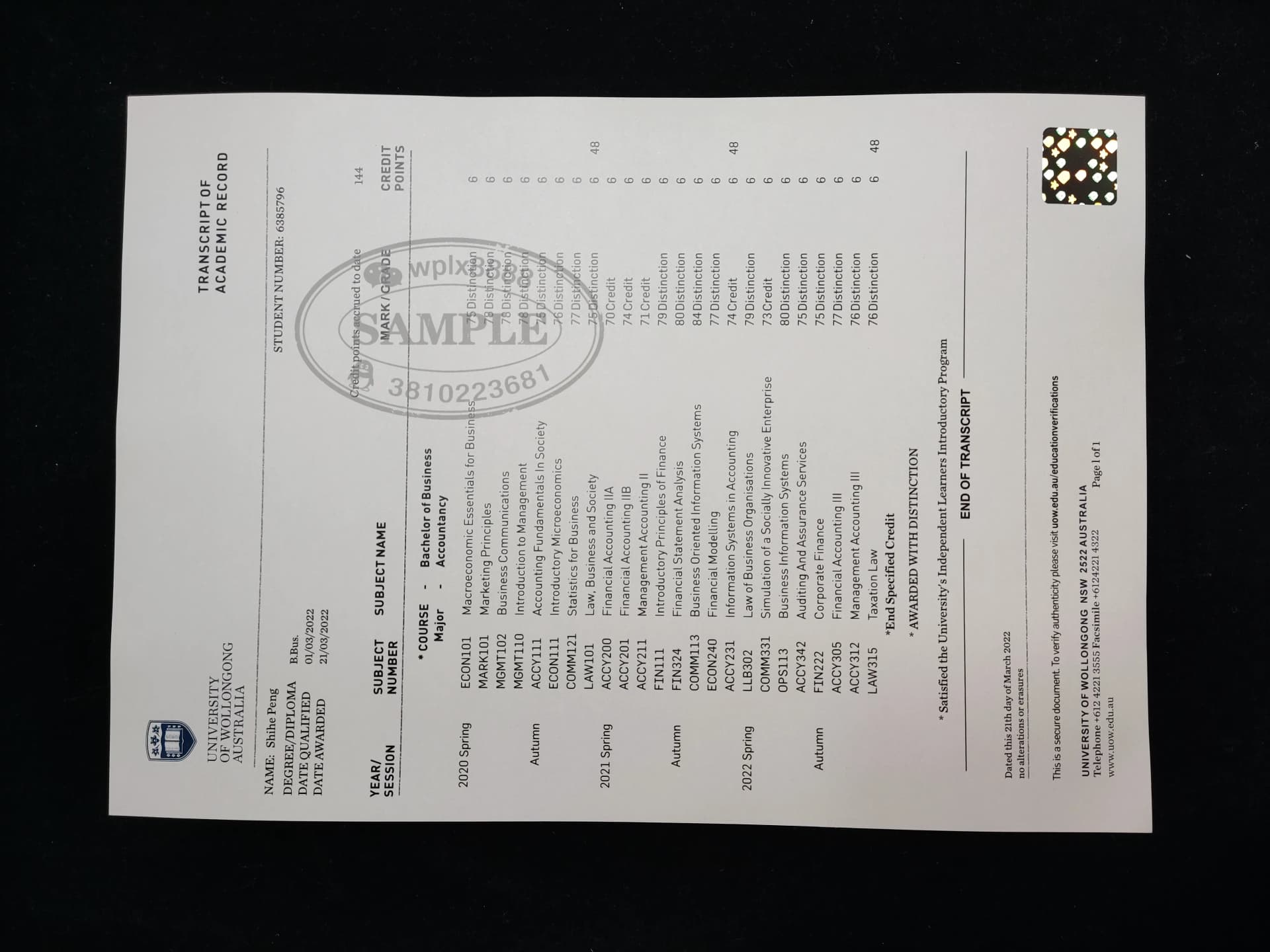 澳大利亚伍伦贡大学商学学士官方成绩单样本 澳大利亚伍伦贡大学商学学士官方成绩单样本