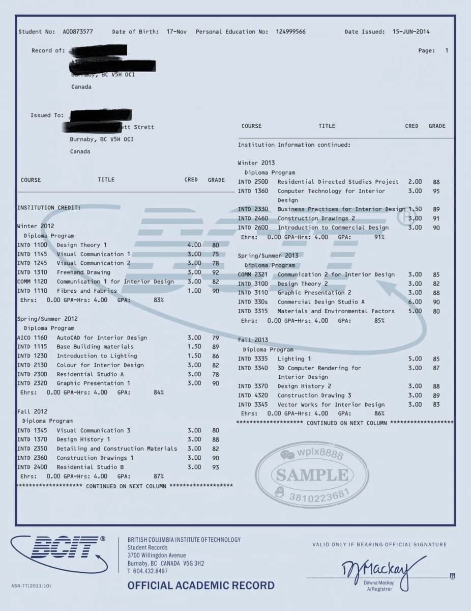 加拿大不列颠哥伦比亚理工学院BCIT成绩单样本与办理指南 加拿大不列颠哥伦比亚理工学院BCIT成绩单样本与办理指南