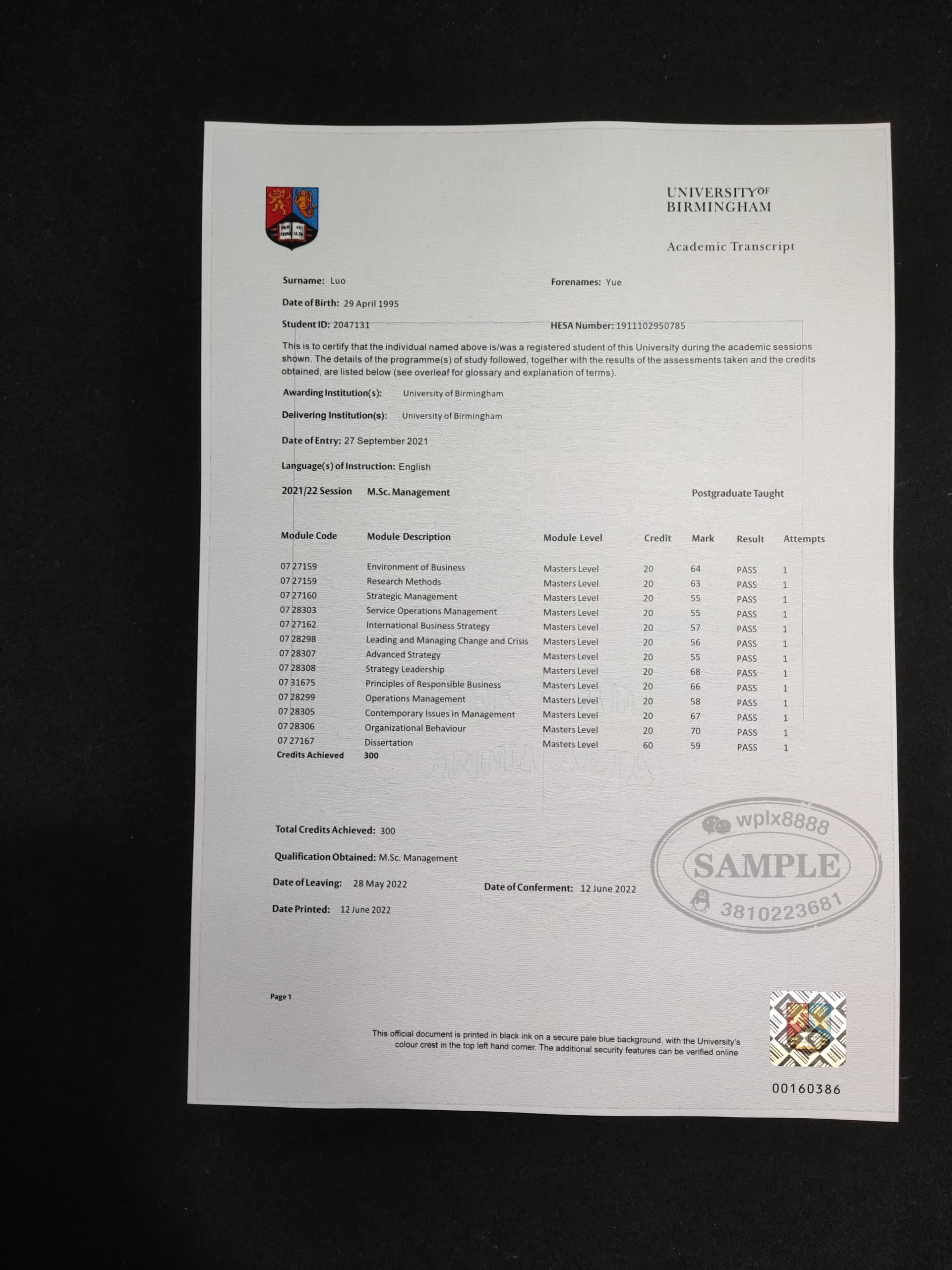 英国伯明翰大学硕士管理专业成绩单样本 英国伯明翰大学硕士管理专业成绩单样本