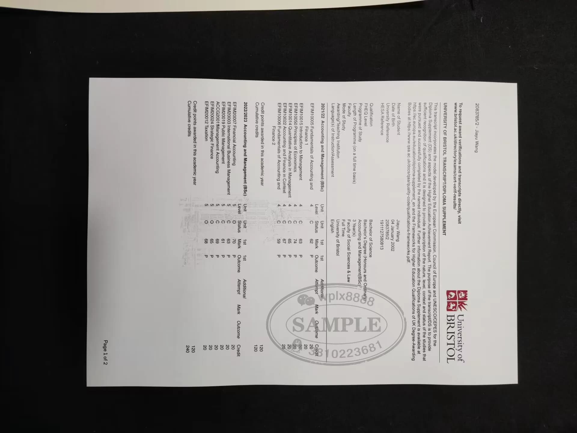 英国布里斯托大学成绩单及学位补充文件参考 英国布里斯托大学成绩单及学位补充文件参考