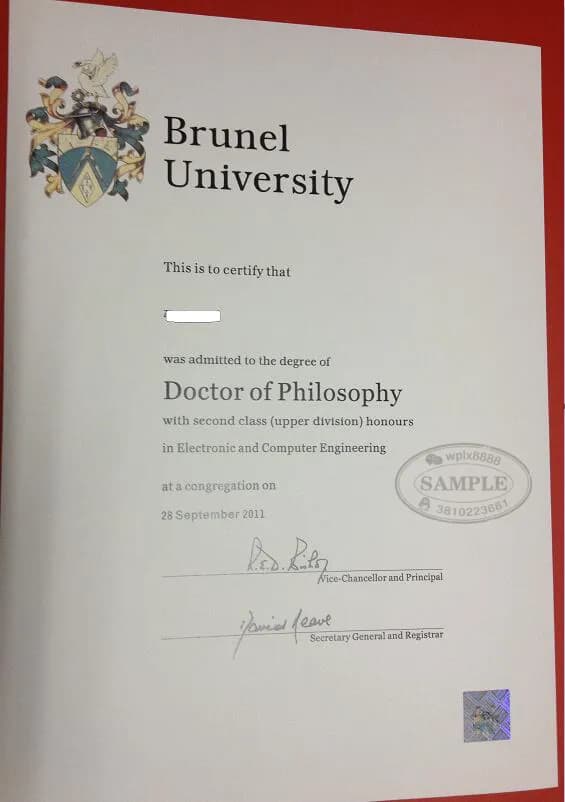 英国布鲁内尔大学电子与计算机工程博士学位证书样本 英国布鲁内尔大学电子与计算机工程博士学位证书样本