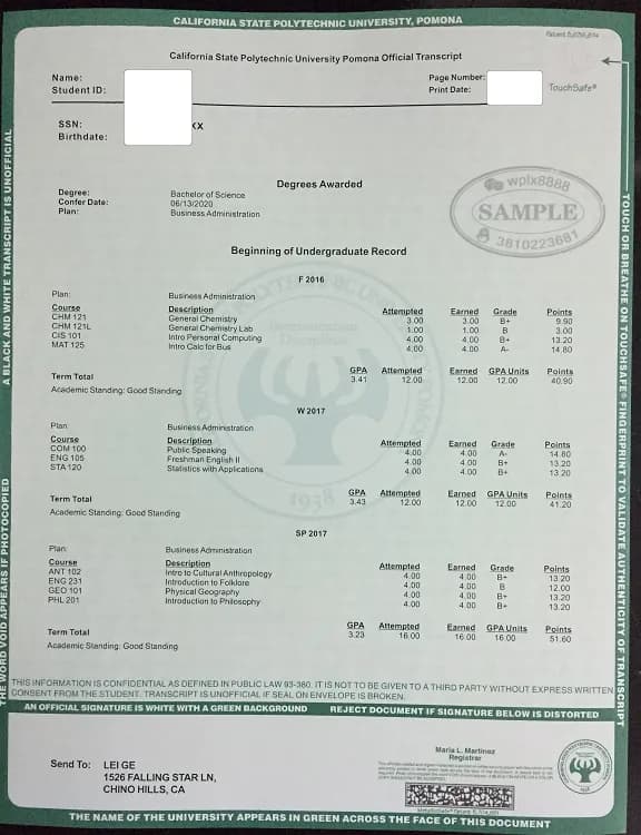 美国波莫纳加州理工大学官方成绩单样本参考 美国波莫纳加州理工大学官方成绩单样本参考