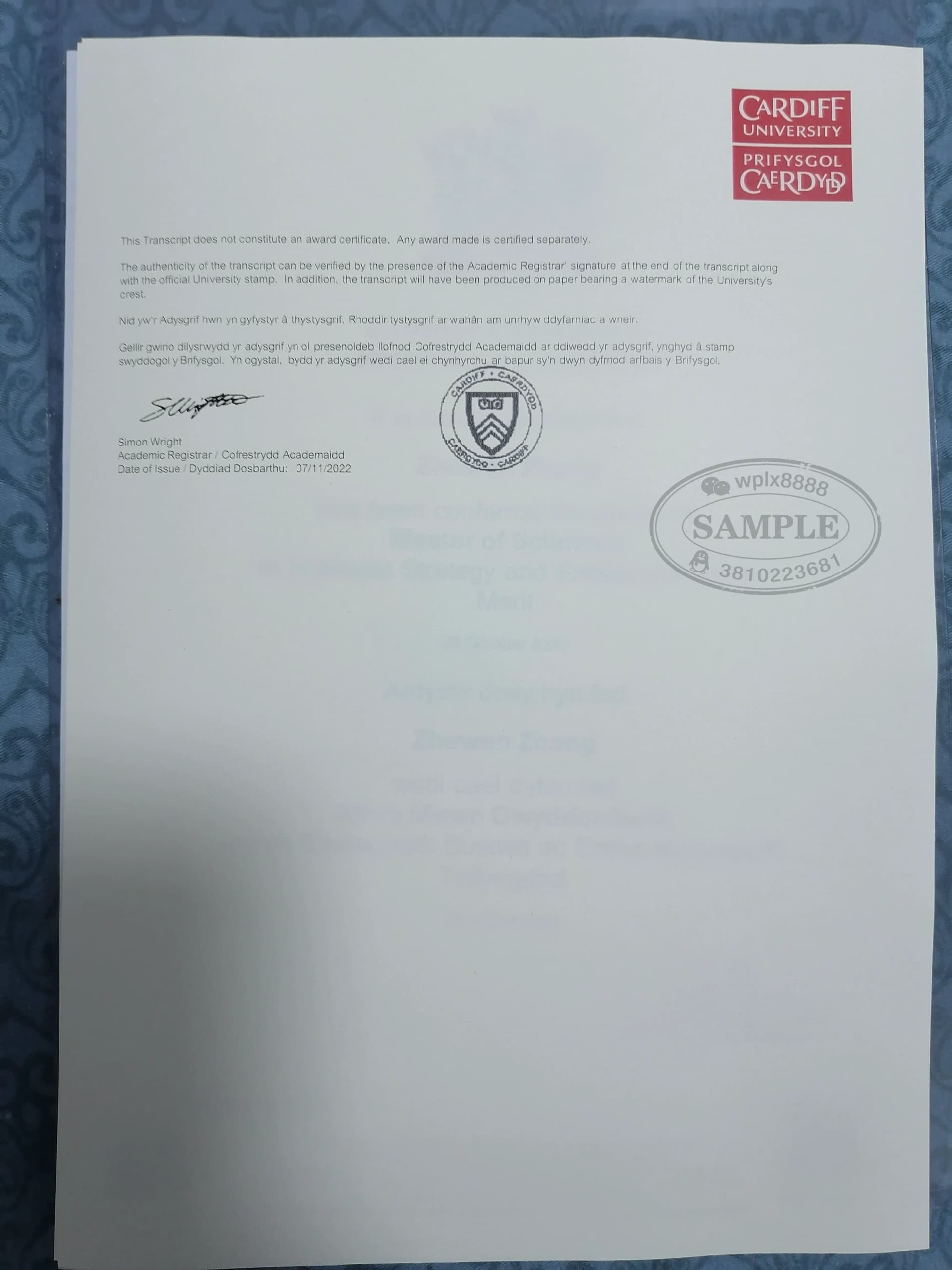 英国卡迪夫大学官方成绩单样本及学历认证重要性说明 英国卡迪夫大学官方成绩单样本及学历认证重要性说明
