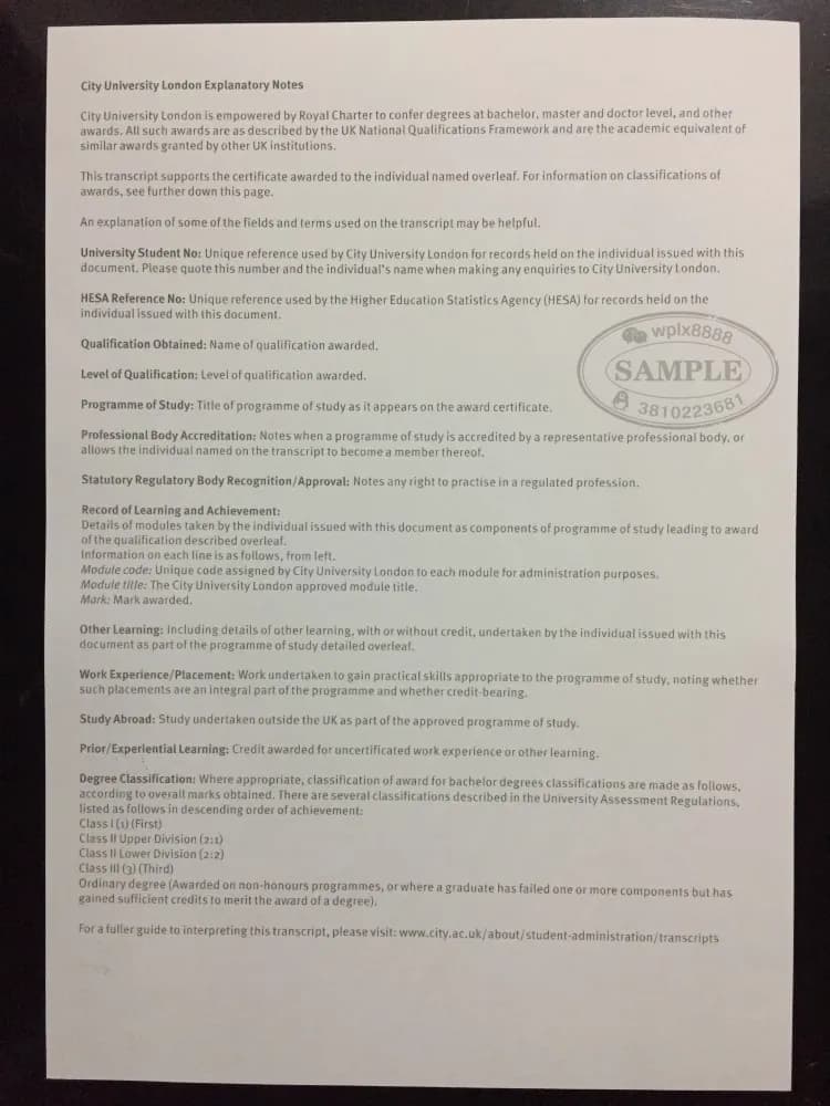 伦敦城市大学成绩单背面说明及评分标准案例 伦敦城市大学成绩单背面说明及评分标准案例