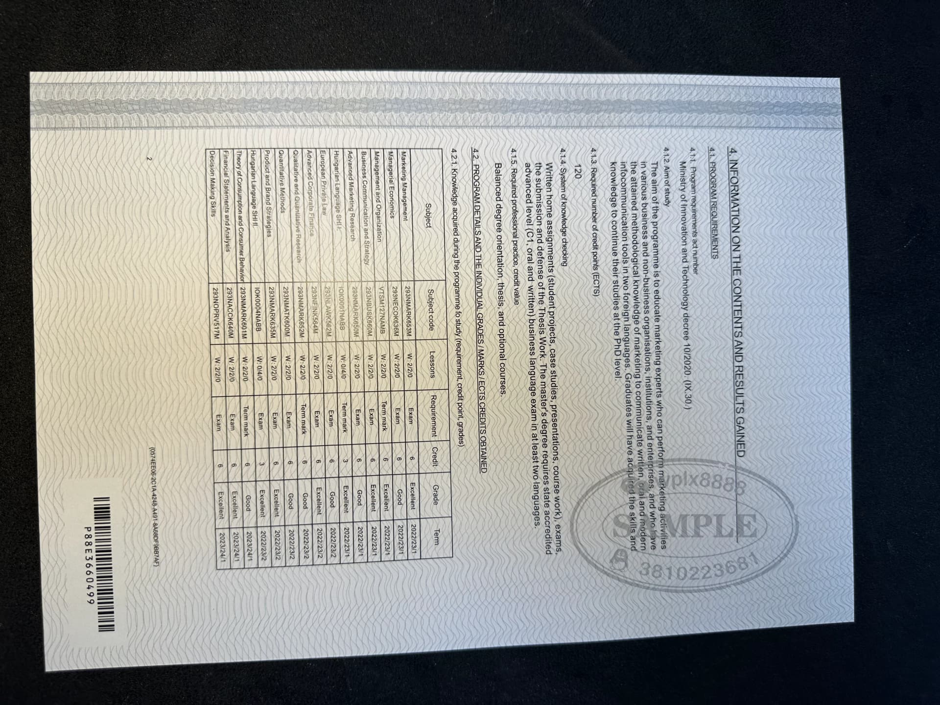 匈牙利布达佩斯考文纽斯大学官方成绩单样本 匈牙利布达佩斯考文纽斯大学官方成绩单样本