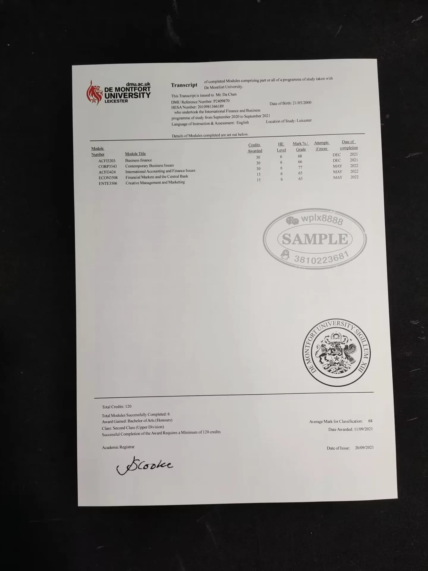 英国德蒙福特大学成绩单样本及留学学历认证参考 英国德蒙福特大学成绩单样本及留学学历认证参考