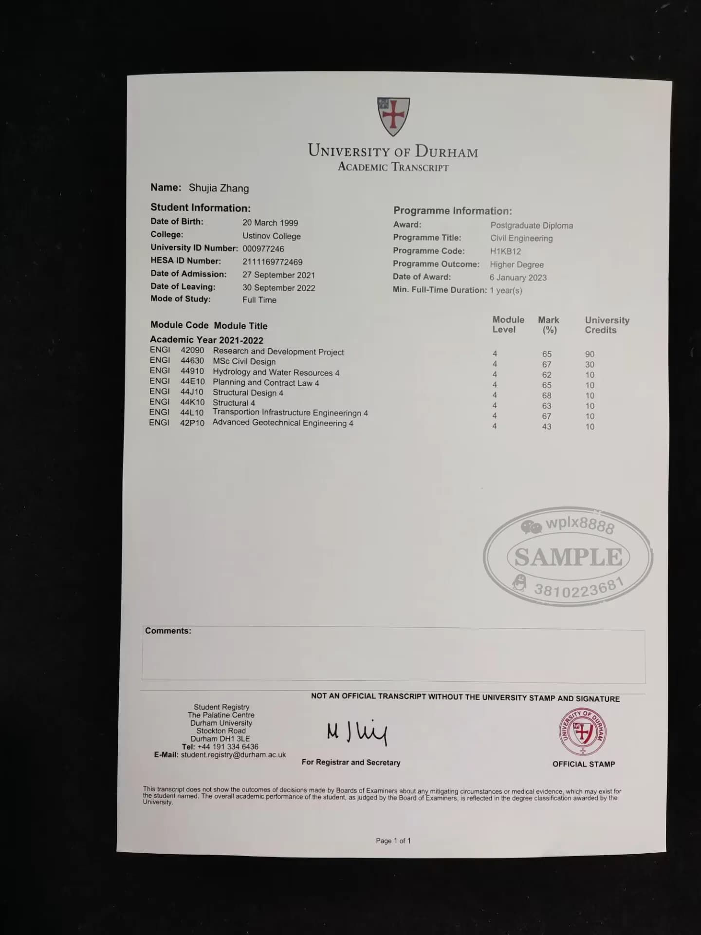 英国杜伦大学成绩单土木工程研究生文凭样本 英国杜伦大学成绩单土木工程研究生文凭样本