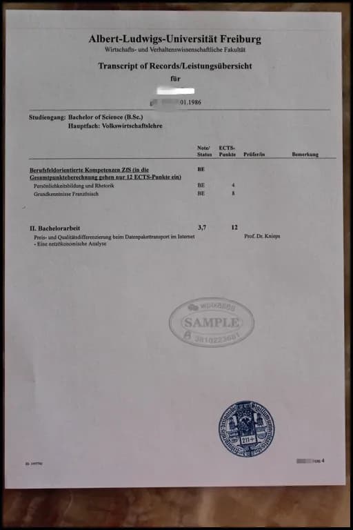 德国弗赖堡大学经济学本科成绩单样本及学历认证指南 德国弗赖堡大学经济学本科成绩单样本及学历认证指南