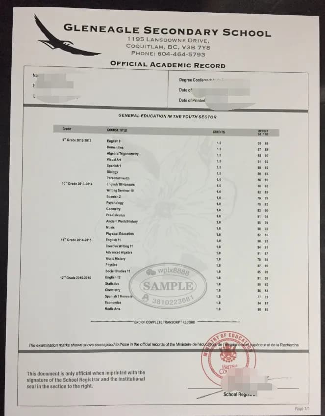 加拿大格兰伊中学官方成绩单及学业记录样本 加拿大格兰伊中学官方成绩单及学业记录样本