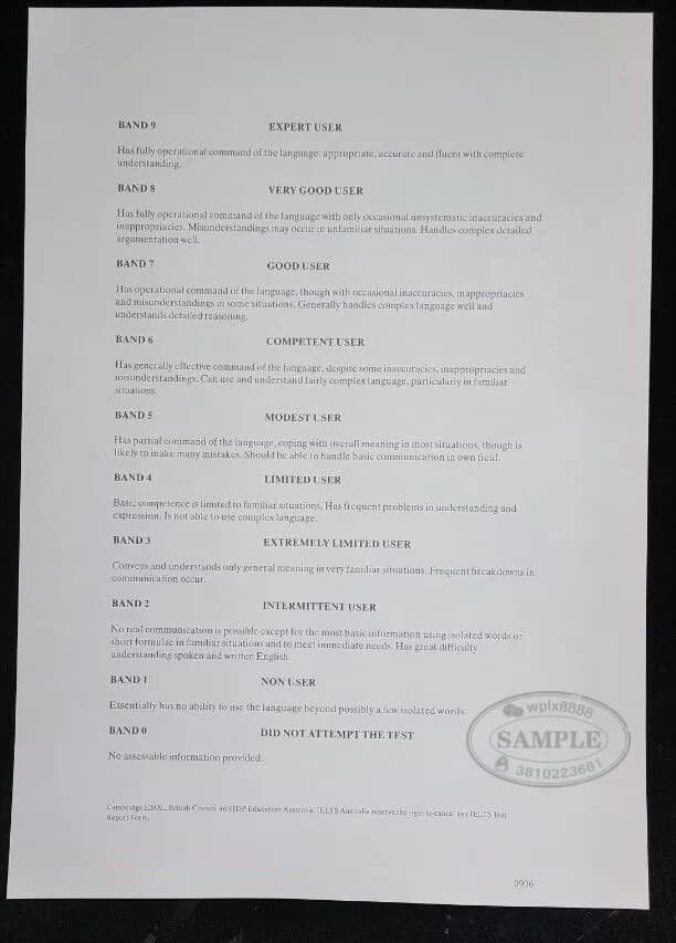 雅思成绩单背面分数等级标准说明样本参考 雅思成绩单背面分数等级标准说明样本参考