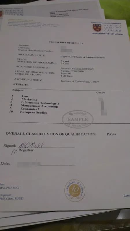 爱尔兰卡罗理工大学商学高级证书成绩单原件参考 爱尔兰卡罗理工大学商学高级证书成绩单原件参考