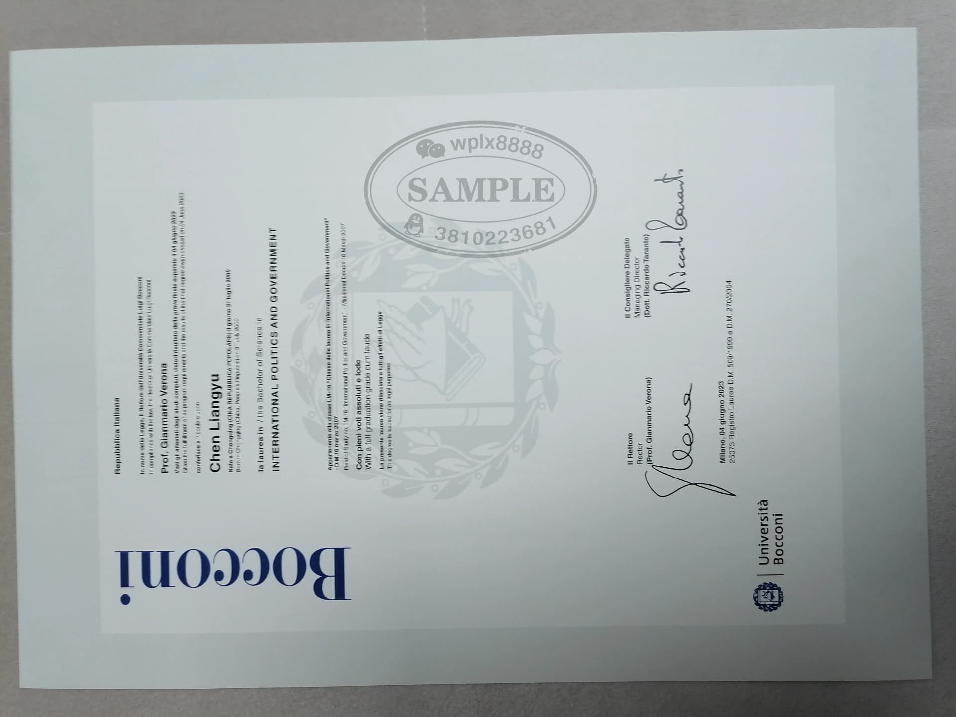 意大利博科尼大学毕业证书及国际政治与政府专业学位样本 意大利博科尼大学毕业证书及国际政治与政府专业学位样本