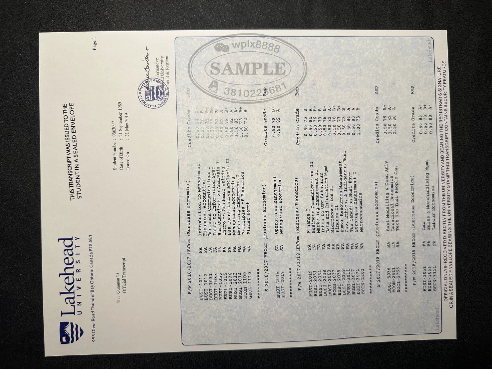 加拿大湖首大学成绩单样本商科经济专业认证案例 加拿大湖首大学成绩单样本商科经济专业认证案例
