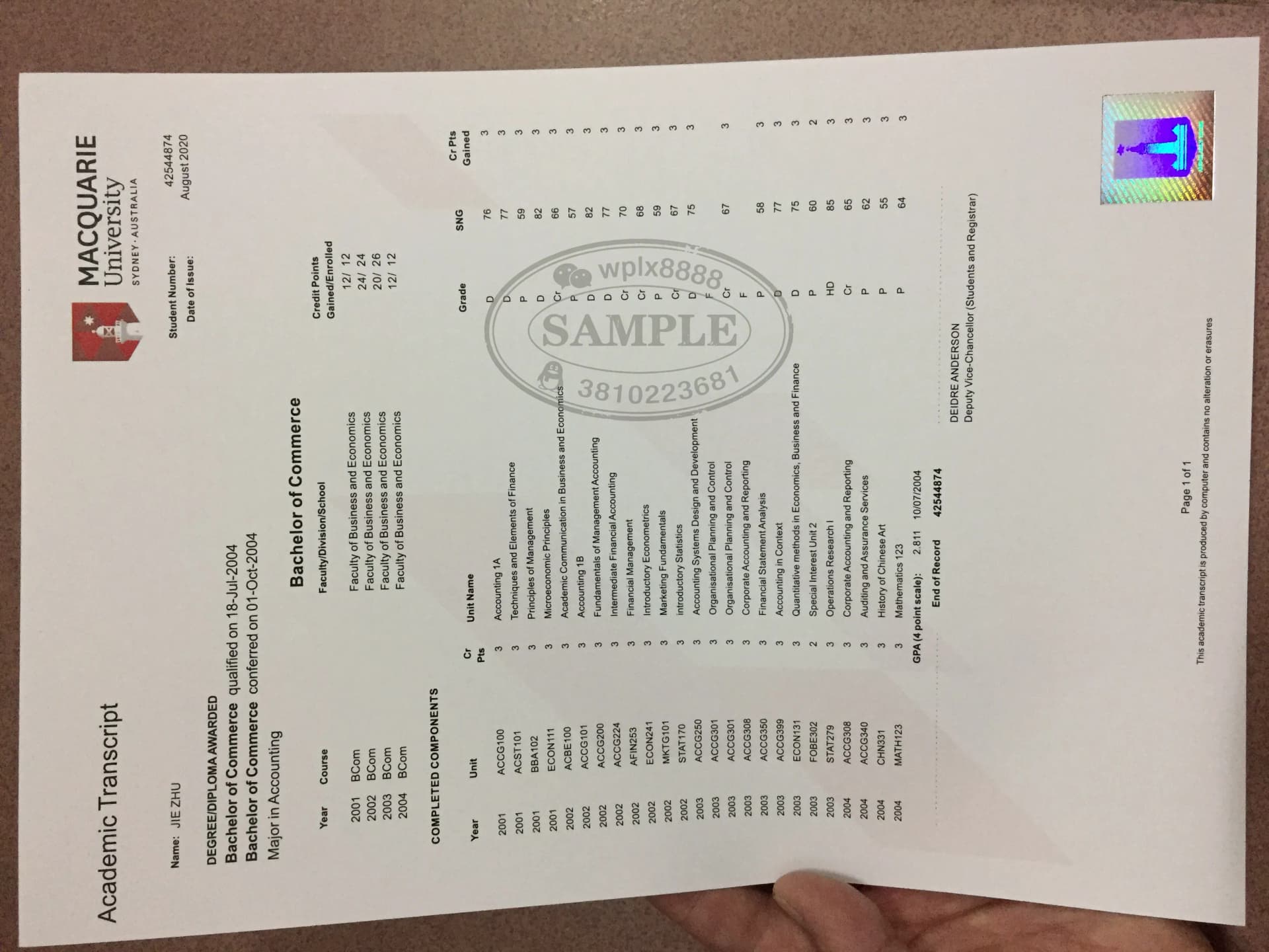 澳洲麦考瑞大学商学学士学位成绩单样本参考 澳洲麦考瑞大学商学学士学位成绩单样本参考