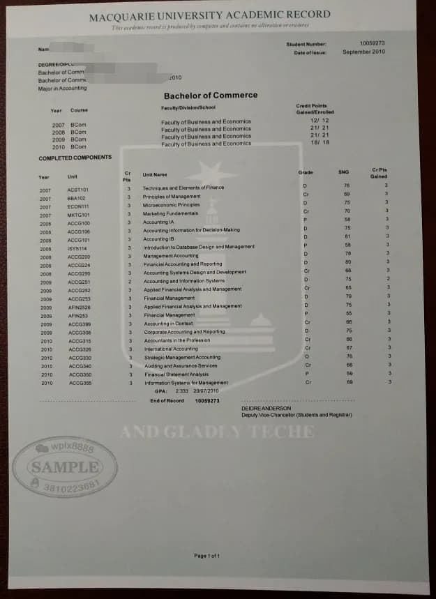 澳洲麦考瑞大学会计学士成绩单2010版样本 澳洲麦考瑞大学会计学士成绩单2010版样本