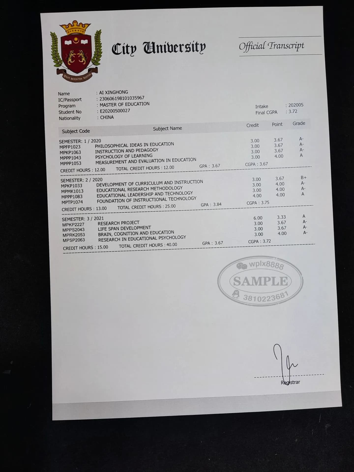 马来西亚城市大学教育学硕士成绩单样本与留服认证指南 马来西亚城市大学教育学硕士成绩单样本与留服认证指南