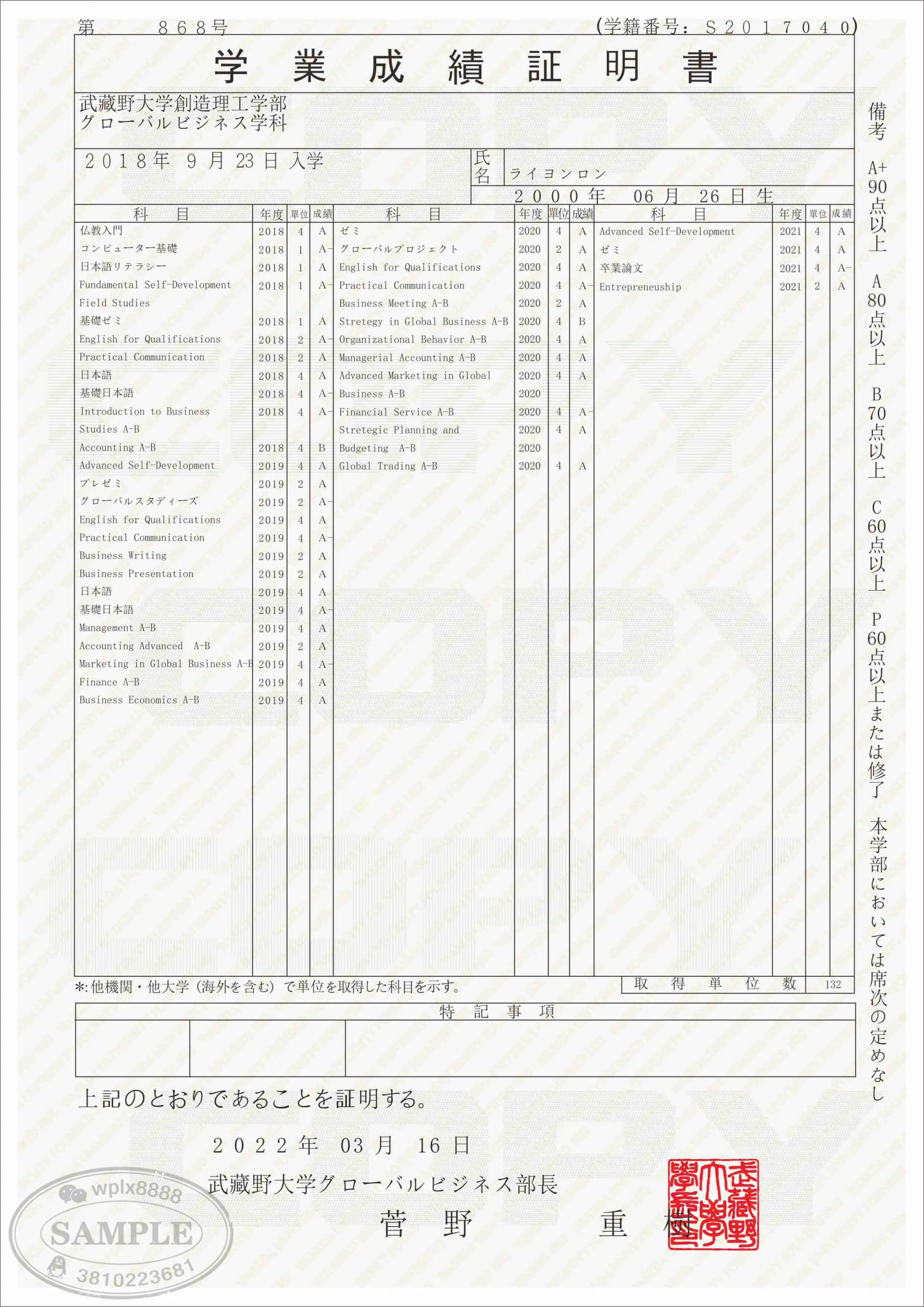 日本武藏野大学成绩单样本与学历认证申请指南 日本武藏野大学成绩单样本与学历认证申请指南