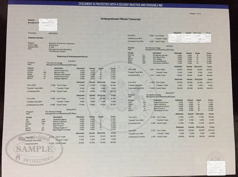 美国宾州州立大学官方成绩单样本PSU商科专业案例 美国宾州州立大学官方成绩单样本PSU商科专业案例