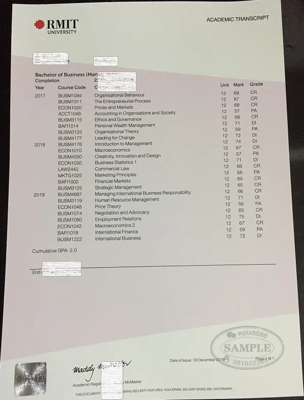 澳洲皇家墨尔本理工大学RMIT成绩单样本及学历认证参考 澳洲皇家墨尔本理工大学RMIT成绩单样本及学历认证参考