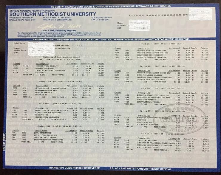 美国南卫理公会大学SMU成绩单原件样本及学历认证指南 美国南卫理公会大学SMU成绩单原件样本及学历认证指南